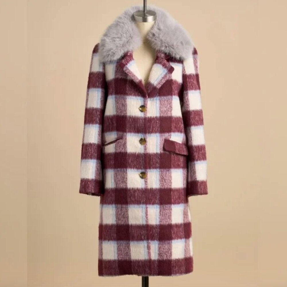 Sundance Burgundy and White Plaid Coat with Gray Fur Collar